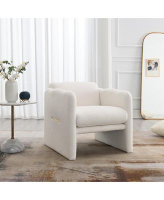 Woven Metal Accent Armchair in White Teddy Fabric