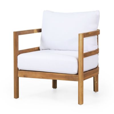 Outdoor Acacia Wood Patio Club Chair, Wood Patio Furniture, Waterproof Thick Cushion Deep Seating For Porch, Garden, Backyard, Balcony, Weight Capacity 400Lbs, Light Teak Finish, White
