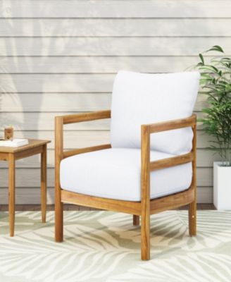 Outdoor Acacia Wood Patio Club Chair, Wood Patio Furniture, Waterproof Thick Cushion Deep Seating For Porch, Garden, Backyard, Balcony, Weight Capacity 400Lbs, Light Teak Finish, White