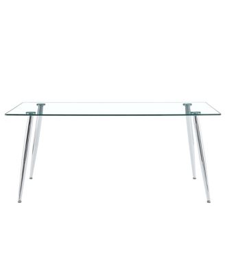 Table and chair set.Modern rectangular glass dining table with tempered glass countertop and silver metal legs, paired with multiple transparent high-quality PET dining chairs with silver legs.
