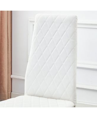 Table and chair set.A rectangular dining table features with tempered glass top and sleek white MDF stand.Paired with 6 PU chairs with checkered armless high back and electroplated metal legs.