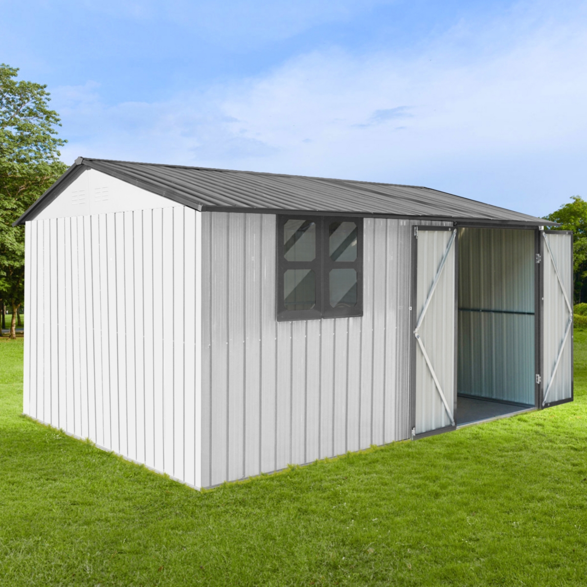 Streamdale Furniture Metal garden sheds 10ftx12ft outdoor storage sheds white+grey with window - Grey+white