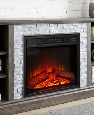 Large TV Desk Storage Rack with Faux Stacked Stone Surround, Media Console Table with Large Storage Cabinet, Modern TV Stand with 23" Fireplace Insert, GREY, 70.12" W15.35" D25.83" H