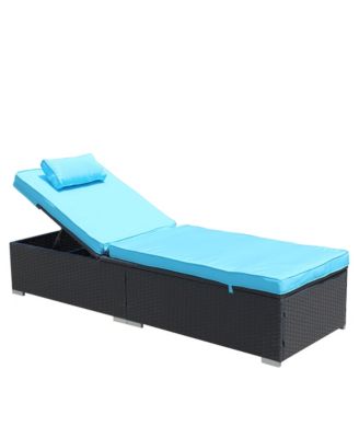 3-Piece Outdoor Patio Furniture Set Chaise Lounge, Patio Reclining Rattan Lounge Chair Chaise Couch Cushioned with Glass Coffee Table, Adjustable Back and Feet, Lounger Chair for Pool Garden, Blue