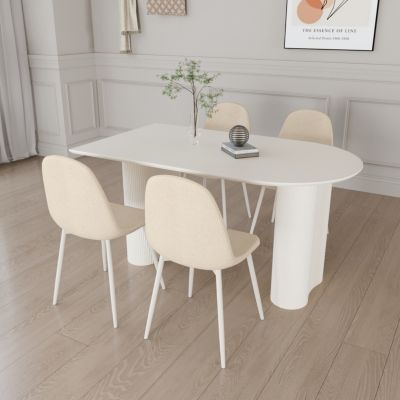 63" MDF New Cream Style Coffee Table and Modern Dining Chair 4-piece Set, Modern Fashion Kitchen Table Set, Round Wave Table Legs, Dining Table and linen Chair