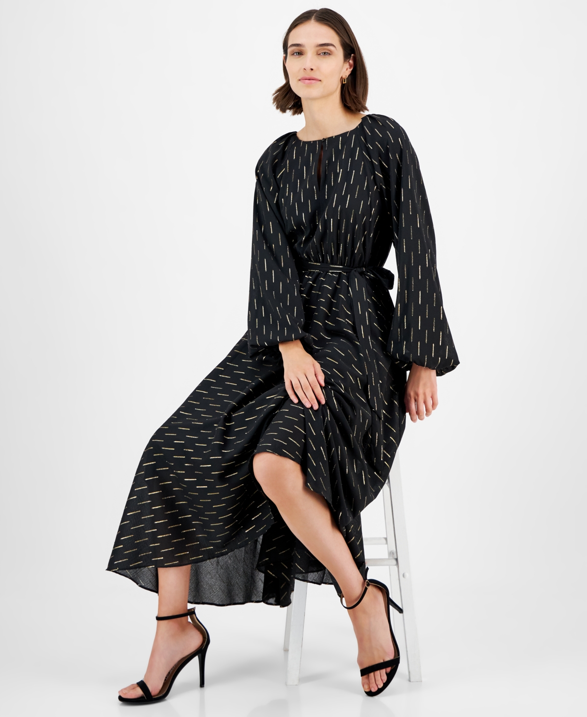 T Tahari Women's Metallic-Print Fit & Flare Long-Sleeve Dress - Black And Silver