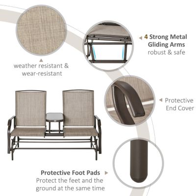 Outdoor Glider Bench with Center Table, Metal Frame Patio Loveseat with Breathable Mesh Fabric and Armrests for Backyard Garden Porch, Brown