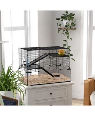 Hamster Cage, 31" Gerbil Cage with Glass Basin, Ramps, Platforms, Hut, Exercise Wheel, for Small Hamsters, Black