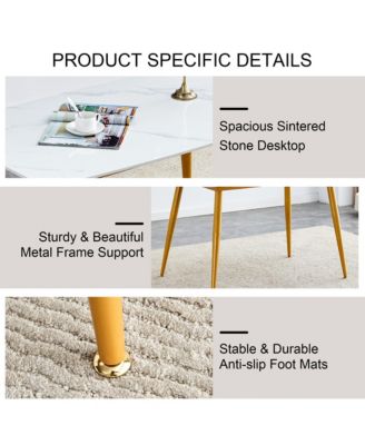 Table and chair set.A morden table with White imitation marble patterned stone burning tabletop with golden metal legs.Paired with 4 chairs with PU leather backrest and black metal legs.