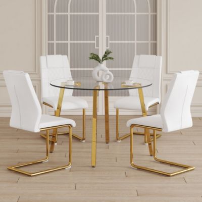 Table and chair set.A Modern Minimalist Style Round Clear Tempered Glass Table with Metal Legs.Paired with white chairs with Modern PU Leather High Back Upholstered and C-Tube Golden Legs.