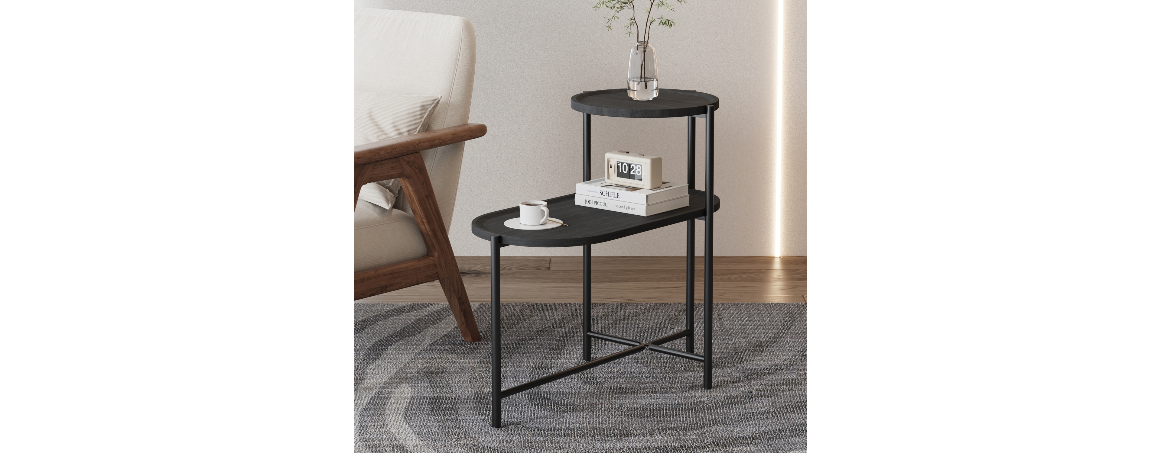 Streamdale Furniture Round Coffee Table with Storage Tray 2 Tier Oval End Tables Wooden Small Side Table for Living Room (Black)