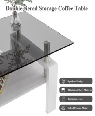 Rectangle Coffee Table, Tempered Glass Tabletop with MDF Layer, Modern Table for Living Room, Gray Glass