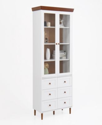 White MDF Display Cabinet with Glass Doors and Adjustable Shelves