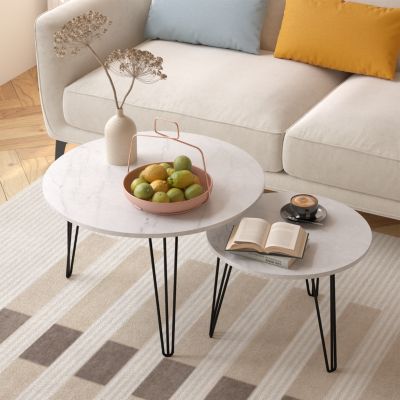 Round Nesting Coffee Table Set (2 Tables), Marble Top, Metal Base
