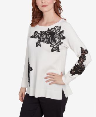 Petite Floral Lace Fine Gauge Crew Neck Sweater