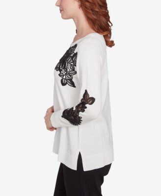 Petite Floral Lace Fine Gauge Crew Neck Sweater