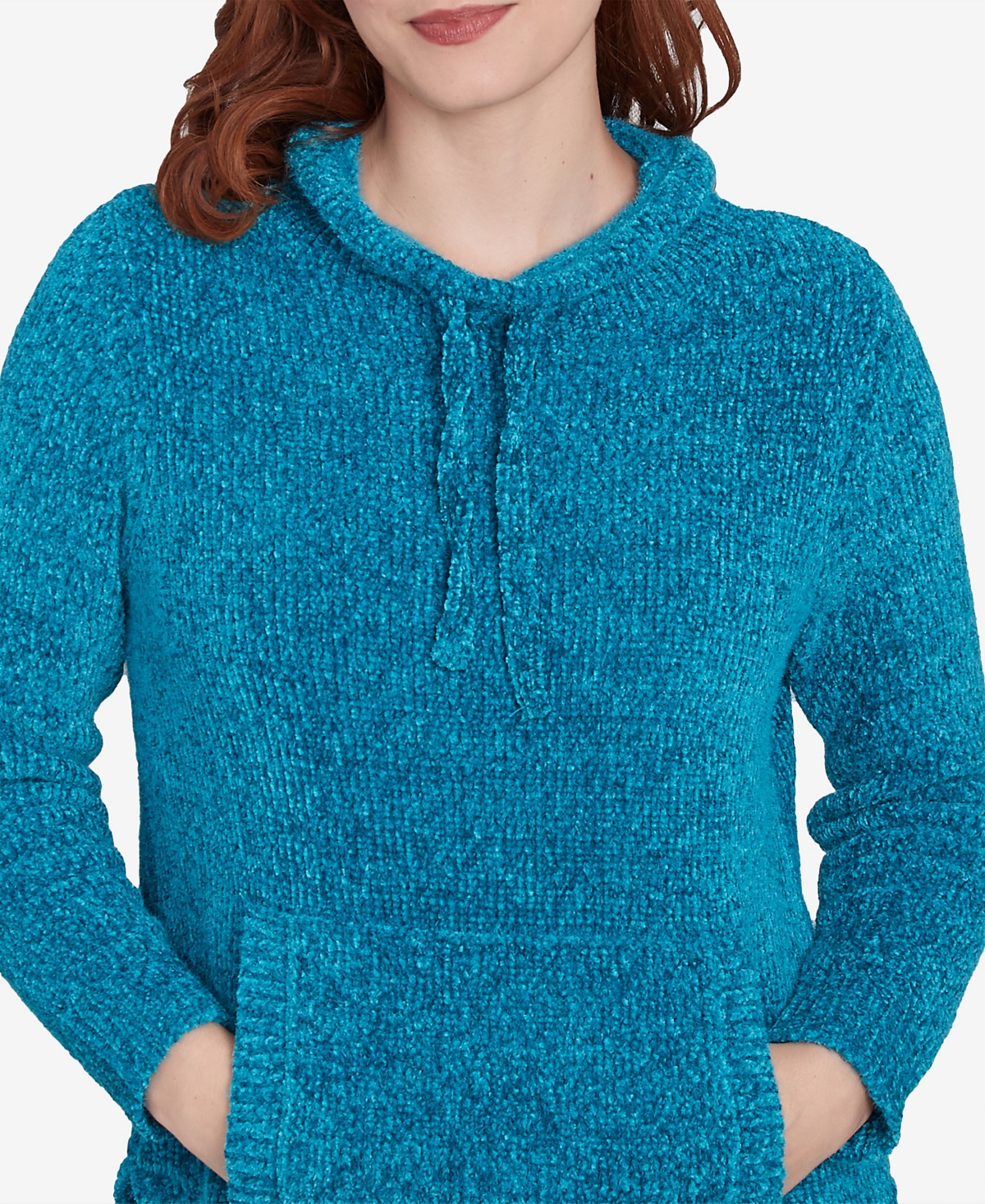 Ruby Rd. Petite Chenille Eyelash Pullover Pouch Pocket Funnel Neck Sweater