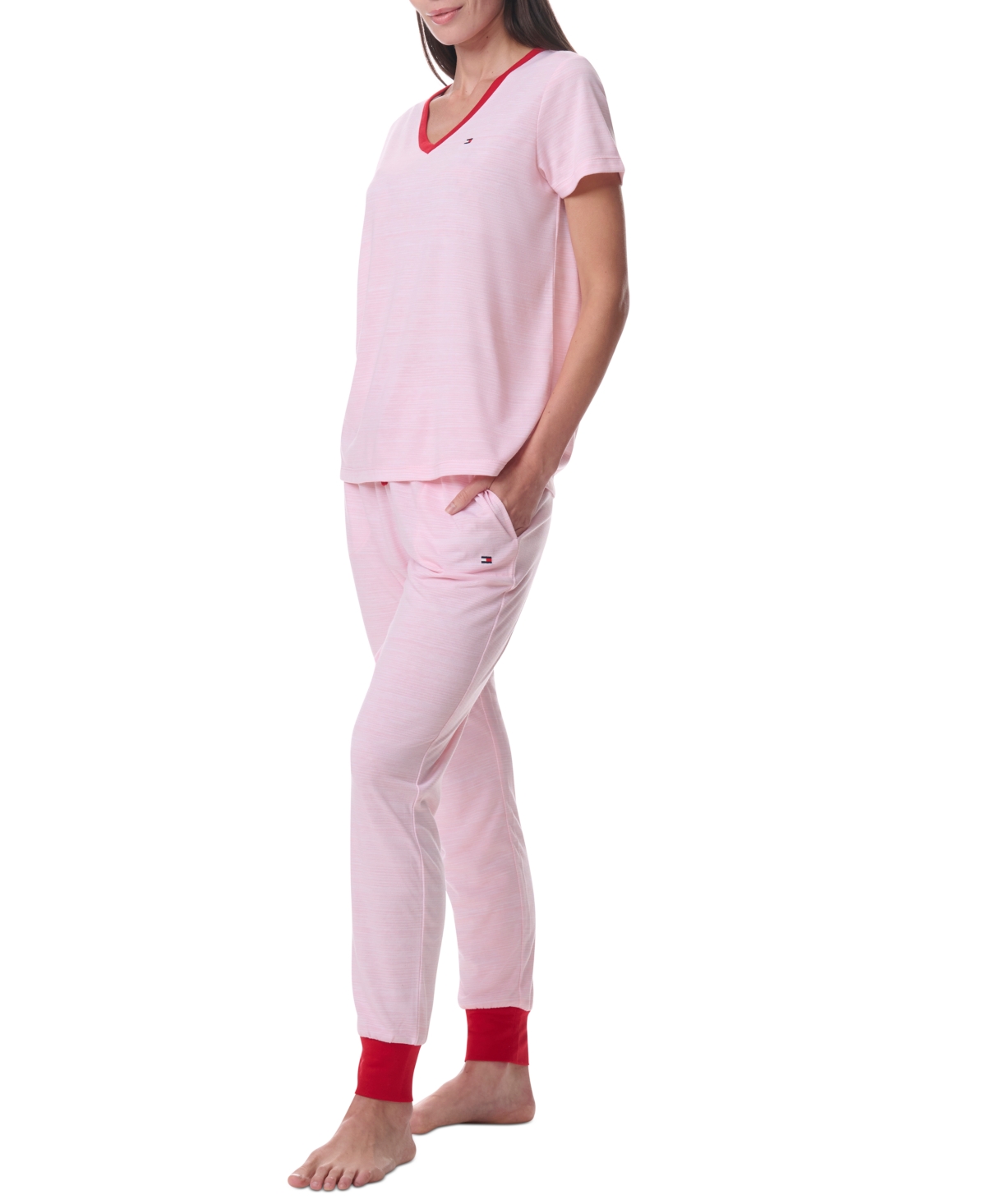 Tommy Hilfiger Women's Printed Short-sleeve Tee & Jogger Set In Stripe Strawberry Cream