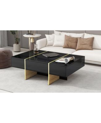 47" Glossy Coffee Table with Drawers, Golden Legs, Black