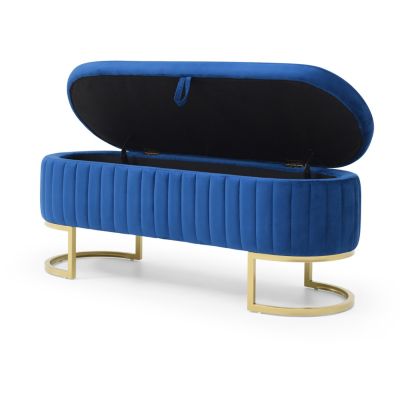 Storage Bench Bedroom Bench, Velvet Oval Upholstered End of Bed Bench with Golden Metal Legs,50" Modern Storage Ottoman Bench for Bedroom, Living Room, Entryway, Window, Blue