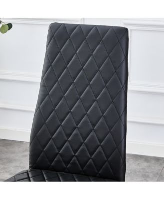 Table and chair set.A rectangular dining table features with tempered glass top and sleek black MDF stand.Paired with 4 PU chairs with checkered armless high back and electroplated metal legs.