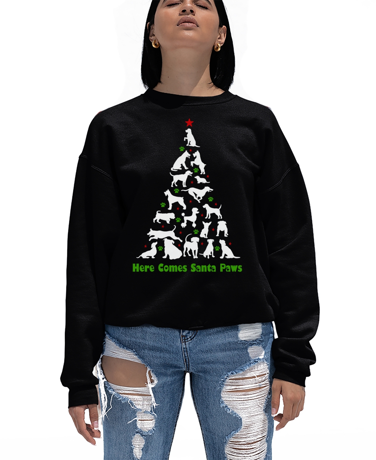 LA POP ART WOMEN'S HERE COMES SANTA PAWS WORD ART CREWNECK SWEATSHIRT 