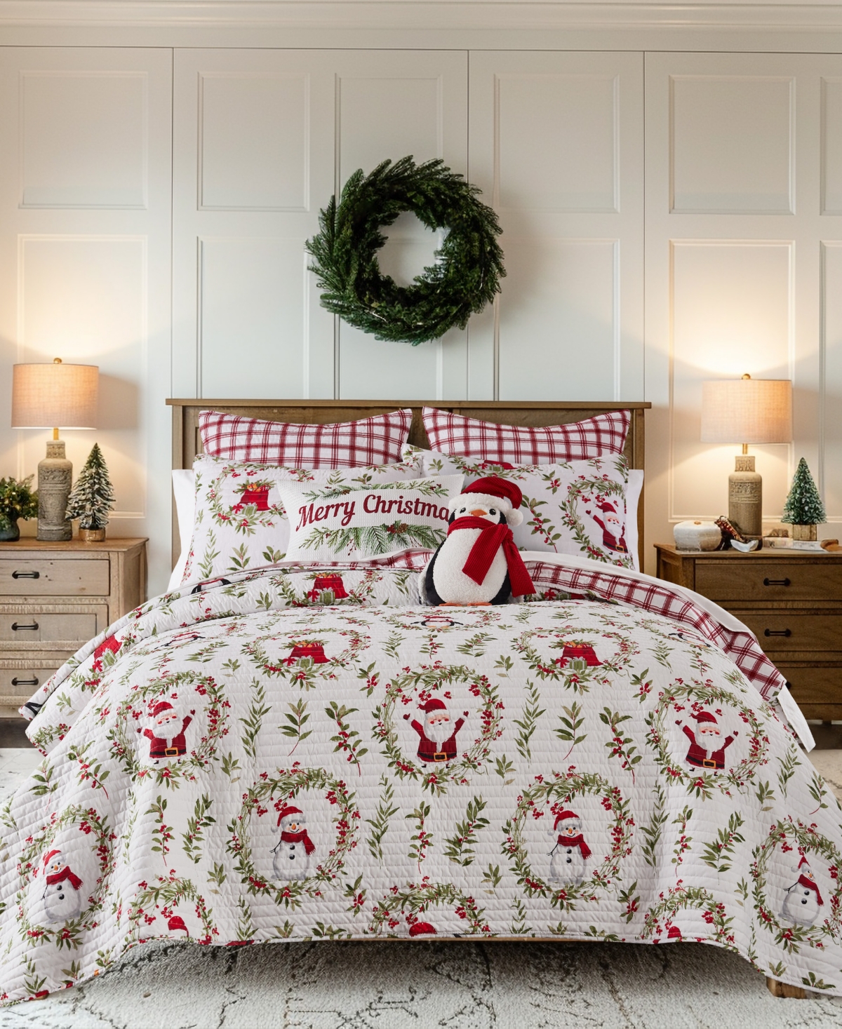 Levtex Merry Bright Pine Plaid Penguin Shaped Decorative Pillow, 13.5" X 9.5" In Red