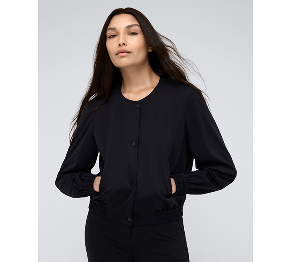 Shop Kenneth Cole Women's Collarless Athletic Stretch Bomber Jacket In Black