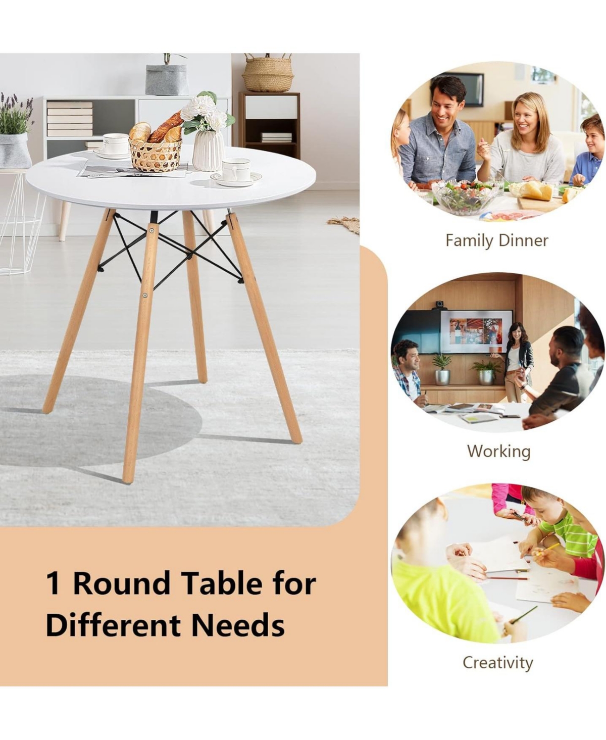 Streamdale Furniture 31.5" Round Dining Table Kitchen Table White Dining Table with White Mdf desktop and Solid wood legs .Modern Style Coffee Table L