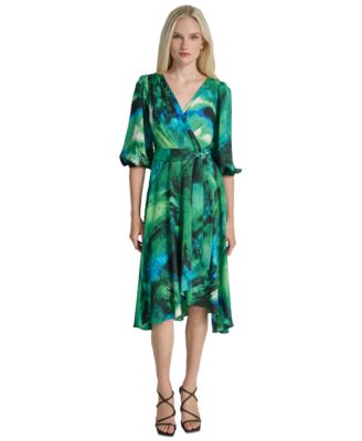 DKNY - Women's Printed Sash-Tie V-Neck Elbow-Sleeve Midi Dress