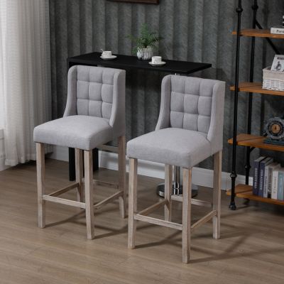 AOSOM BUSINESS Modern Bar Stools, Tufted Upholstered Barstools, Pub Chairs with Back, Rubber Wood Legs for Kitchen, Dinning Room, Set of 2, Grey
