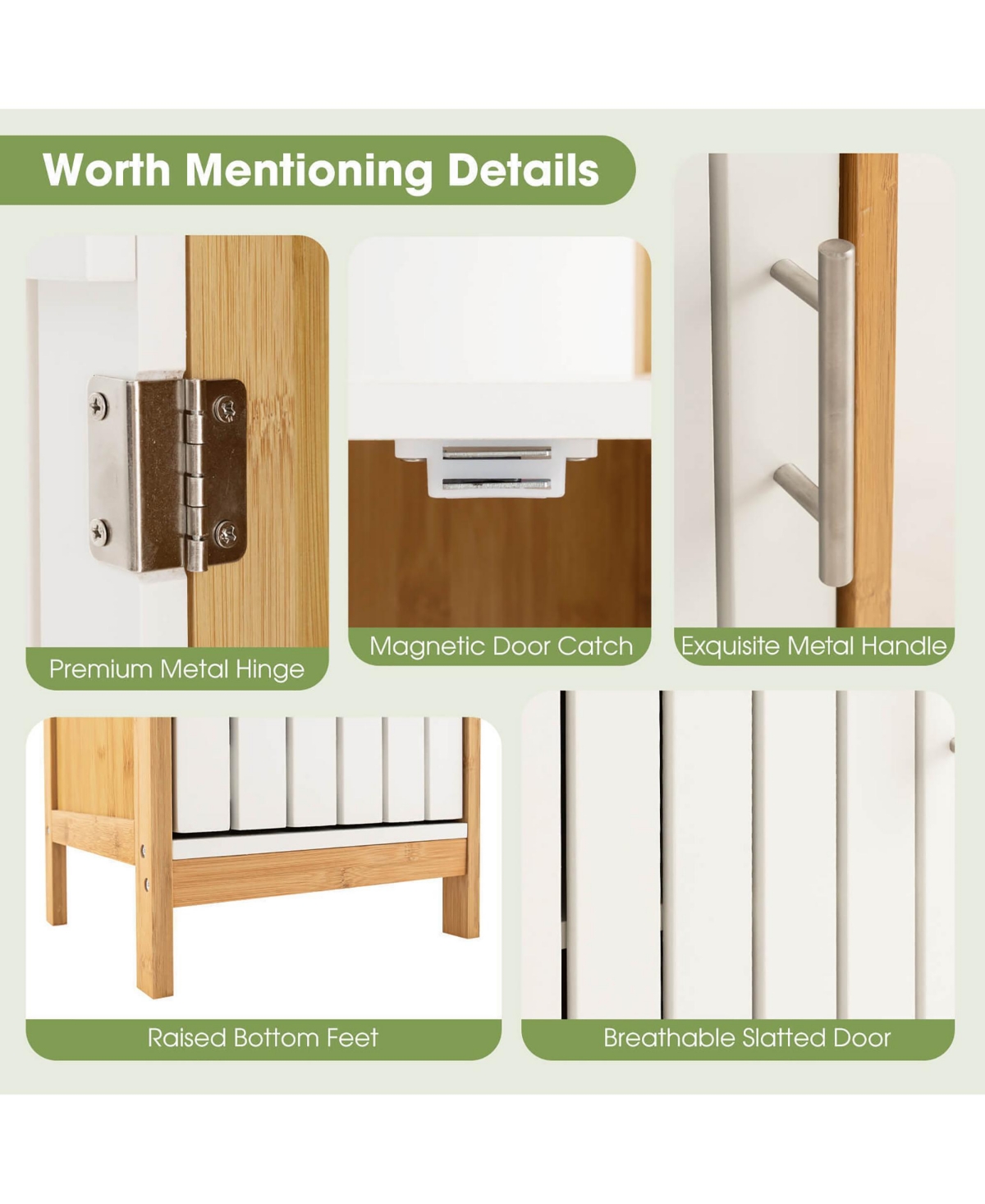 Gymax Tall Bathroom Floor Cabinet Bamboo Bathroom Storage w/Adjustable Shelf &Cupboard - White + natural