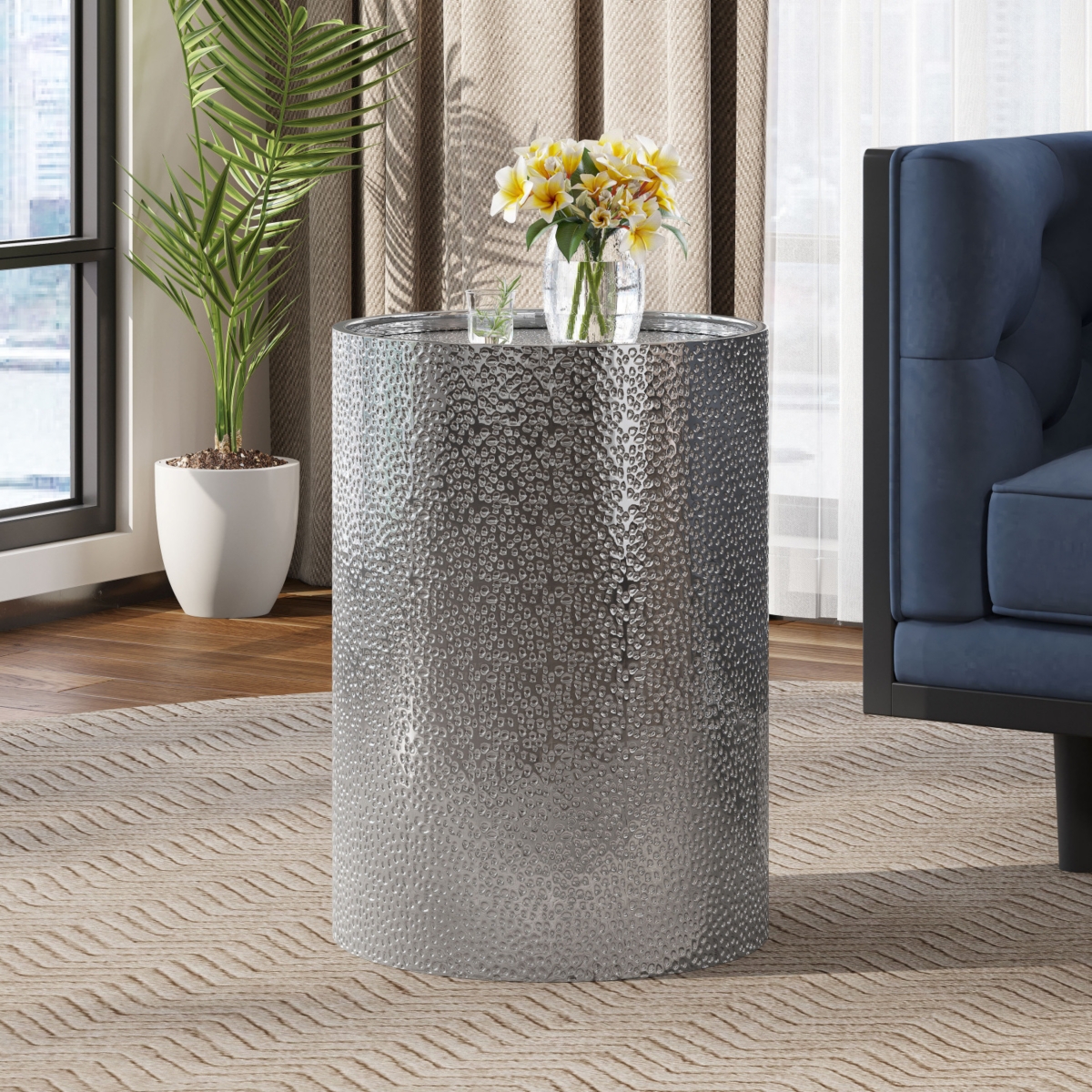 Simplie Fun Modern Round Accent Table With Hammered Metal And Iron Frame