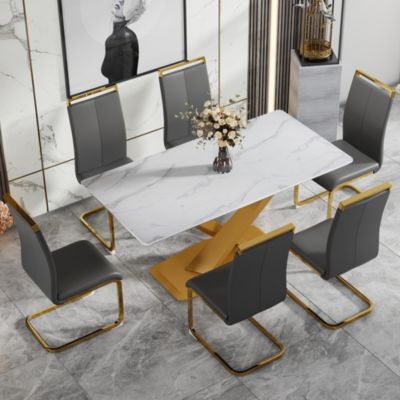 Table and chair set, The table is equipped with a marble patterned MDF tabletop and gold table legs.The chair is equipped with PU synthetic leather high back cushion and gold coated metal legs.