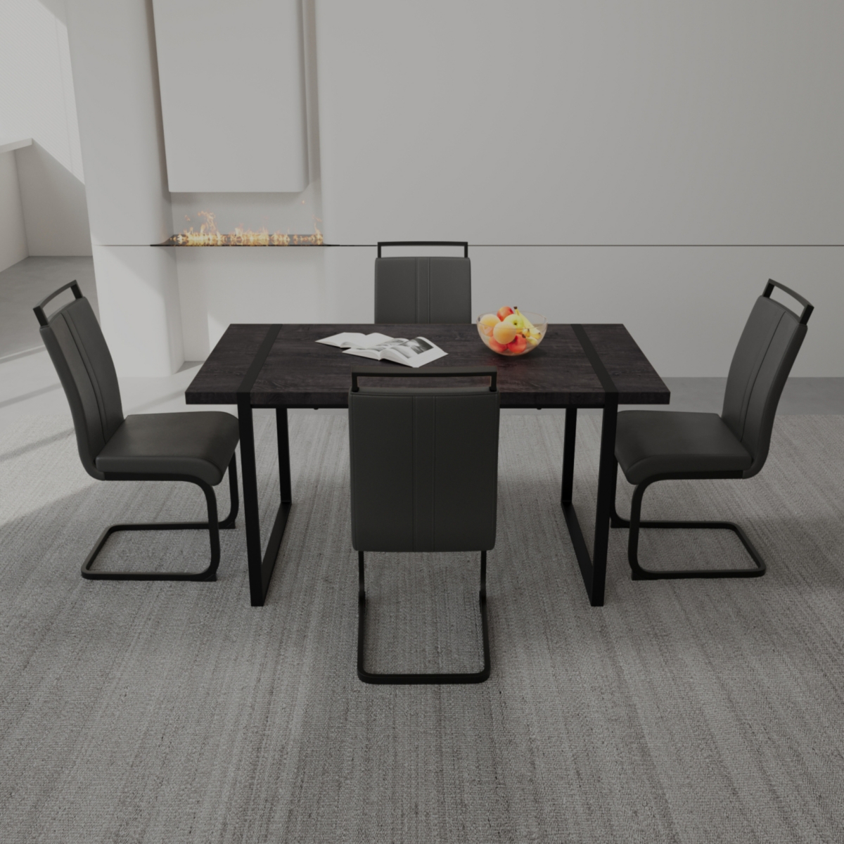 Streamdale Furniture 59" Rural Industrial Rectangular Mdf Black Dining Table Set and Pu Armless Dining Chair Set, 4 pieces. Kitchen Black Metal Table