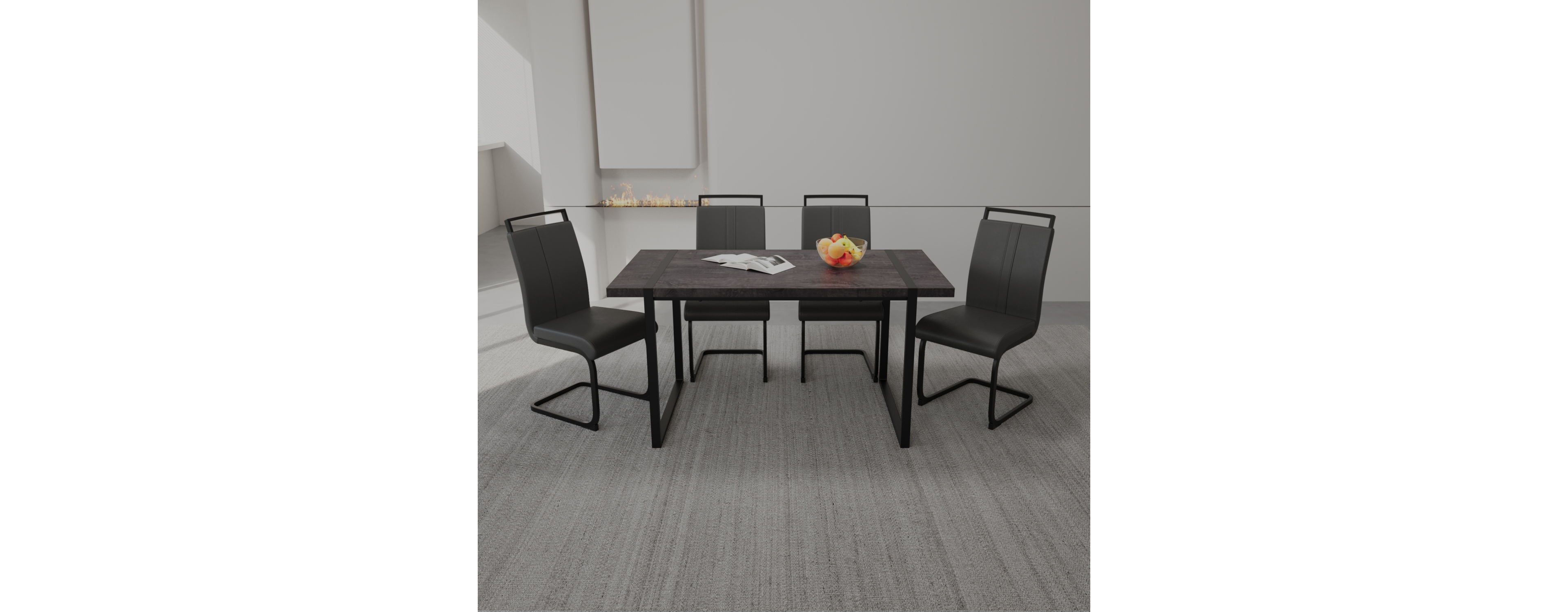Streamdale Furniture 59" Rural Industrial Rectangular Mdf Black Dining Table Set and Pu Armless Dining Chair Set, 4 pieces. Kitchen Black Metal Table