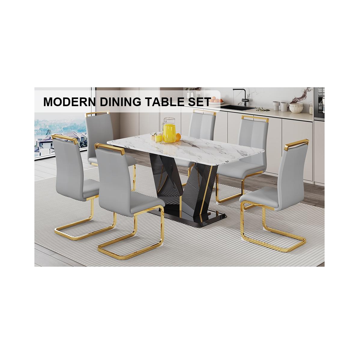 Streamdale Furniture Table and chair set, white imitation marble texture glass tabletop, black Mdf table legs, stable and beautiful. Modern simple din
