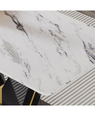 Table and chair set, white imitation marble texture glass tabletop, black MDF table legs, stable and beautiful. Modern simple dining table, comfortable seating.