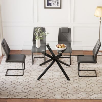 Table and chair set.Modern Rectangular Glass Dining Table with 0.39" tempered Glass Tabletop and Black Metal Legs.Paired with multiple chairs designed with PU cushions and black metal legs.