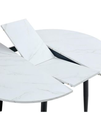 Table and chair set.Modern Extendable MDF Dining Table.The table has a telescopic design, suitable for gatherings of different size.Paired with 6 chairs with PU cushions and black metal legs.