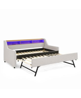 Twin Size Upholstery Sofa Bed with Three LED lights, with Storage Adjustable Headboard, with Foldable Leg Pull up Trundle Bed and Wireless Charging, Linen Padded Sofa Bed frame, Beige