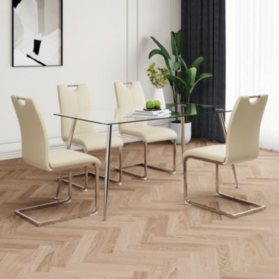 Modern simple rectangular glass dining table, solid tempered glass tabletop, electroplated table legs, light yellow PU dining chair set, suitable for restaurant kitchen use (set of 5)