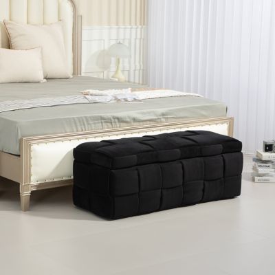 Storage Ottoman, Bedroom End Bench, Upholstered Fabric Storage Ottoman with Safety Hinge, Entryway Padded Footstool, Ottoman Bench for Living Room & Bedroom (Black)