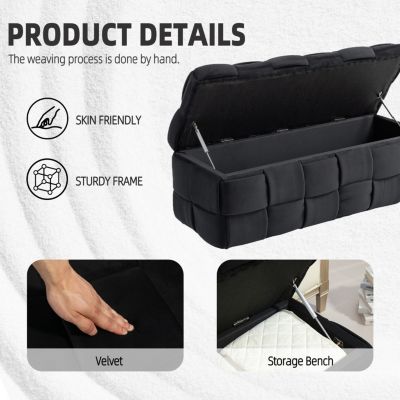 Storage Ottoman, Bedroom End Bench, Upholstered Fabric Storage Ottoman with Safety Hinge, Entryway Padded Footstool, Ottoman Bench for Living Room & Bedroom (Black)