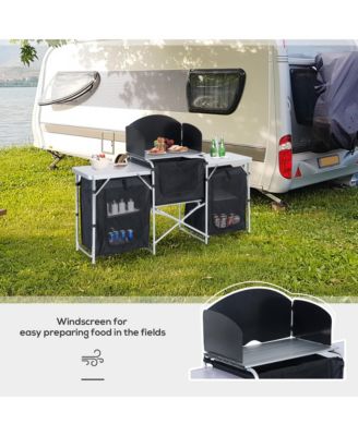 Aluminum Portable Camping Kitchen Fold-Up Cooking Table With Windscreen and 3 Enclosed Cupboards for BBQ, Party, Picnics, Backyards