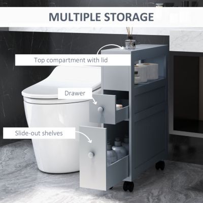 Bathroom Floor Organizer Free Standing Space Saving Narrow Storage Cabinet Bath Toilet Paper Holder with Drawers, Gray
