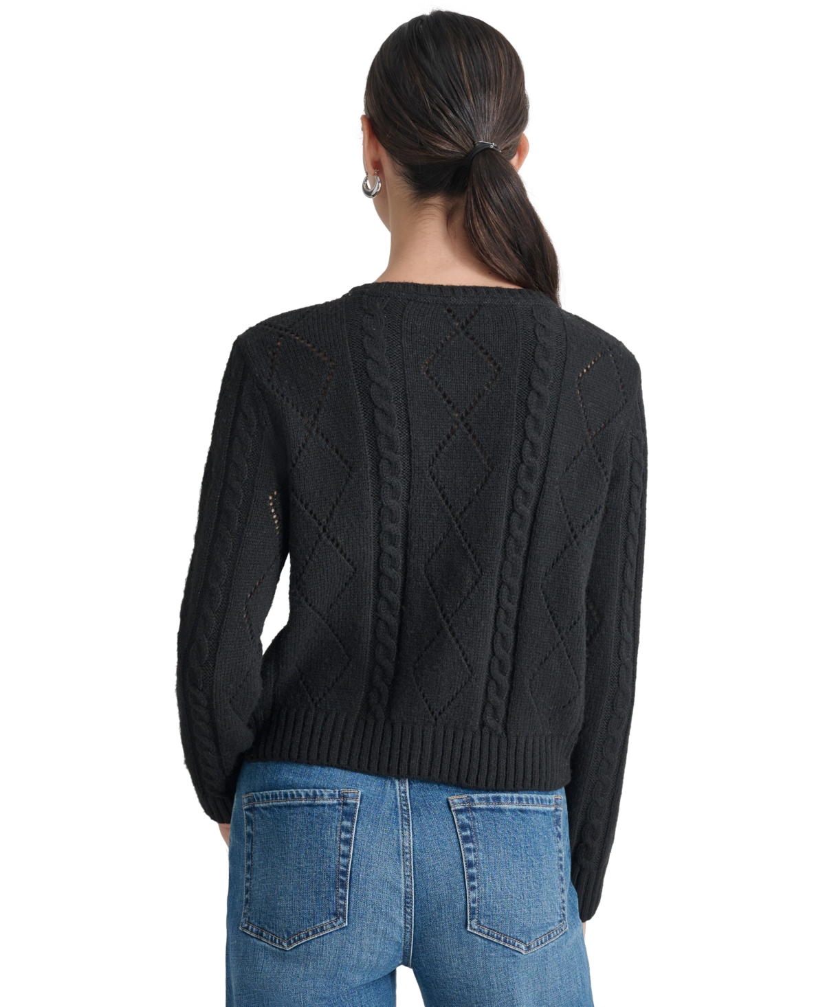 Dkny Jeans Women's Diamond Pointelle Long-Sleeve Cardigan -ANTIQUE BLACK