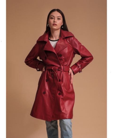 Женские куртки Furniq UK Women's Leather Trench Coat, Burgundy