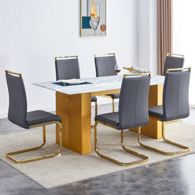 Simplie Fun Table and chair set.Large modern rectangular table with 0.4 inch patterned glass tabletop and large MDF table legs.Comes with 6 chairs with faux leather cushioned seats and golden metal legs