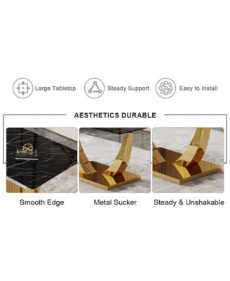 Table and chair set.Modern rectangular dining table with black textured stickers glass tabletop and gold plated metal legs.Paired with 6 comfortable chairs with PU seats and black metal legs.